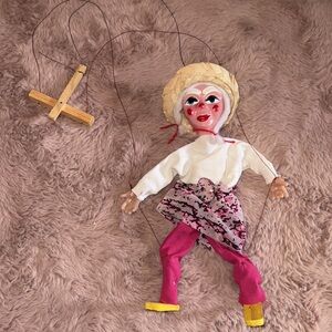 Homemade puppet 12” doll with sombrero & pink & white outfit strings hang 14”​